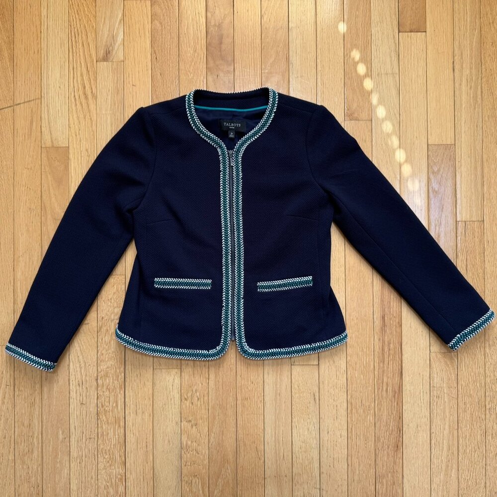 Talbots Navy Tweed Trim Zip Jacket - Petites 2P - NWT